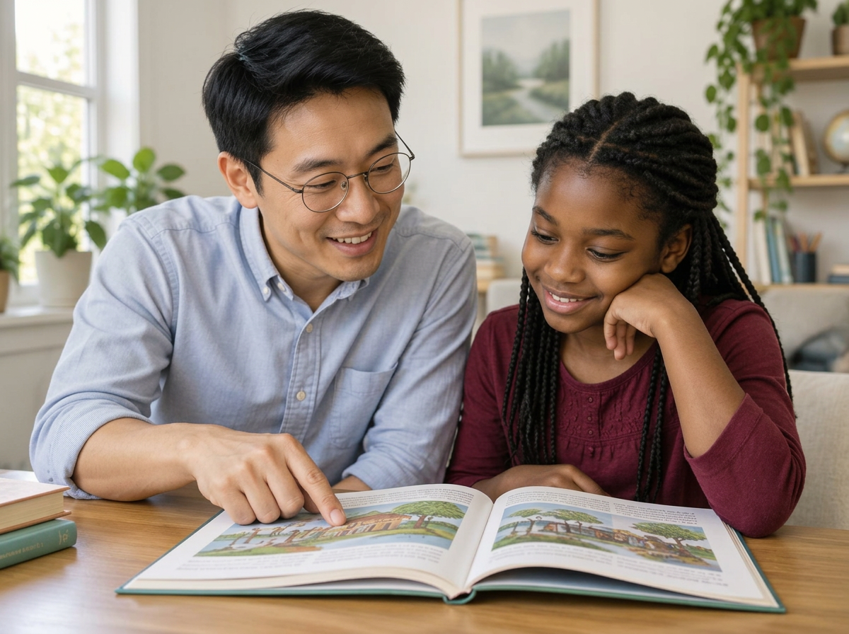A reading tutor working with a learner at home